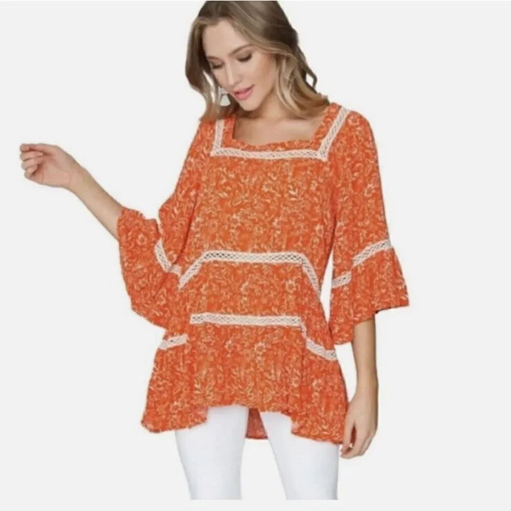 Free People Orange Floral Talk About It Tunic Mini Dress Crochet